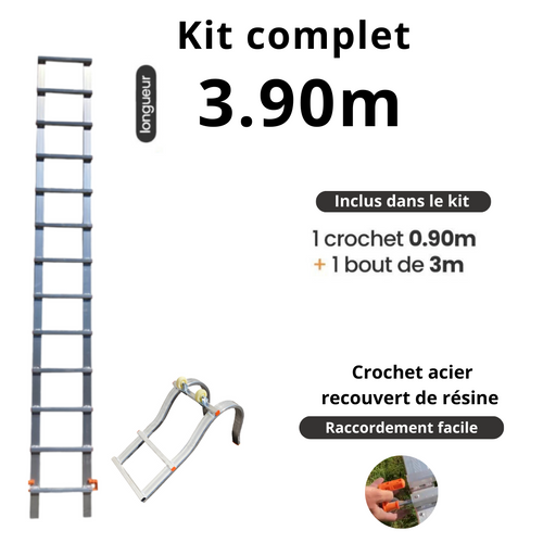 Echelle de toit à crochet tout aluminium - Kit 3,90m en 2 morceaux (crochet + 3m)