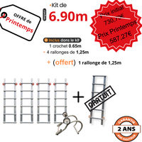 Echelle de toit à crochet tout aluminium - Kit 6,90 m en 6 morceaux (crochet +4 x 1,25) + 1,25m gratuit