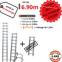 Echelle de toit à crochet tout aluminium - Kit 6,90 m en 4 morceaux (crochet +3m + 2m) + 1,25m gratuit