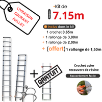Echelle de toit à crochet tout aluminium - Kit 7,15m m en 4 morceaux (crochet +3m + 2m) + 1 rallonge de 1.50m offerte (kit livré courant juillet)
