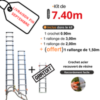 Echelle de toit à crochet tout aluminium - Kit 7,40m en 3 morceaux (crochet + 3m + 2m) + 1 rallonge de 1.50m offerte (LIVRAISON FIN SEPTEMBRE)