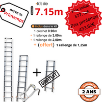Echelle de toit à crochet tout aluminium - Kit 7,15 m en 4 morceaux (crochet + 3m + 2m) + 1,25m gratuit