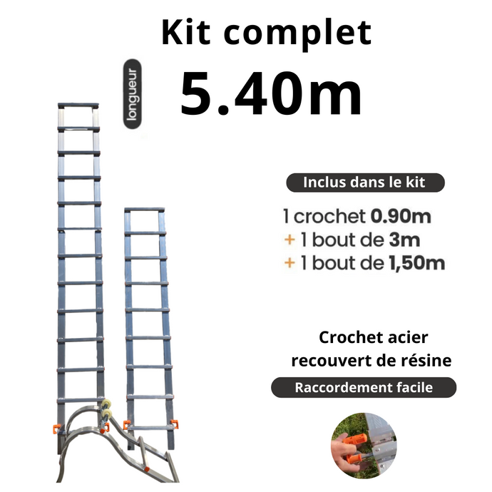 Echelle de toit à crochet tout aluminium - Kit 5,40m en 3 morceaux (crochet + 3 m + 1,50m)