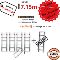 Echelle de toit à crochet tout aluminium - Kit 7,15 m en 6 morceaux (crochet + 4 x 1,25m) + 1,25m gratuit