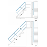 Schéma technique de l’escabeau en aluminium avec dimensions et inclinaison détaillées.