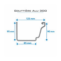 Cotes du profil de gouttière aluminium G300 : largeur 125 mm, hauteur 95 mm