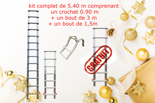 Echelle de toit à crochet - tout aluminium kit complet de 5.40 m + crochet 0.90 m + bout de 3 m + bout de 1.5m + Rallonge échelle de 1,5 m pour échelle de toit à crochet en alu GRATUIT